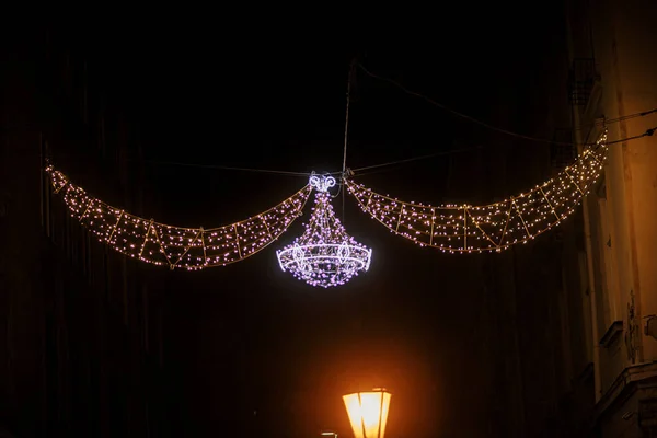 Stylish Christmas Illumination Town Square Evening Modern Christmas Decor City — Stock Photo, Image
