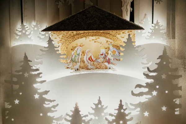 Presepe Scena Della Notte Santa Con Statuette Santi Gesù Bambino — Foto Stock