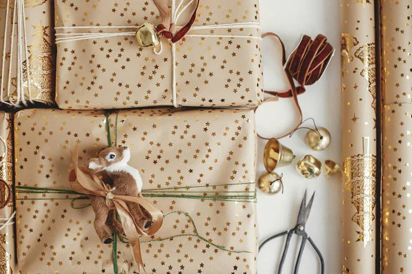 Stylish Christmas Gifts Flat Lay Modern Christmas Gift Boxes Deer — Stock Photo, Image