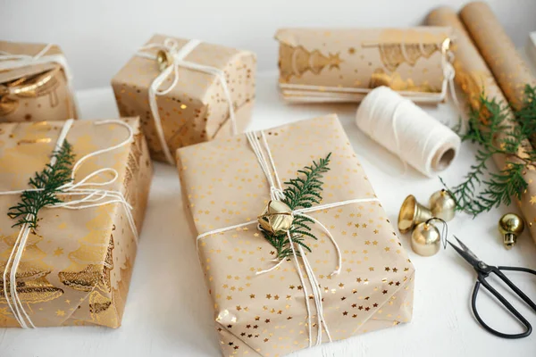 Stylish Christmas Gifts Modern Christmas Gift Boxes Fir Branch Golden — Stock Photo, Image