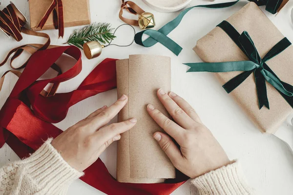 Hands Wrapping Stylish Christmas Gift Flat Lay Person Preparing Simple — 스톡 사진