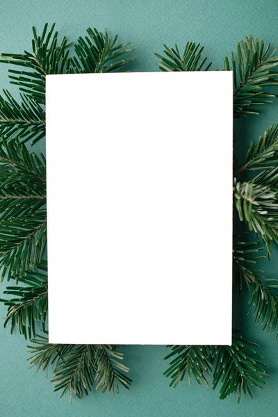 Christmas Card Mock Modern Greeting Card Flat Lay Green Fir — Foto Stock