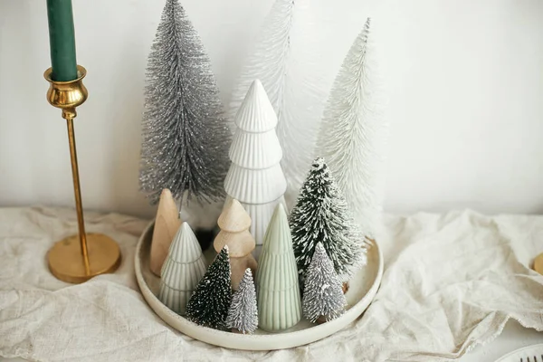 Stylish Christmas Little Trees Plate Linen Runner Golden Candles Rustic — Stock Photo, Image