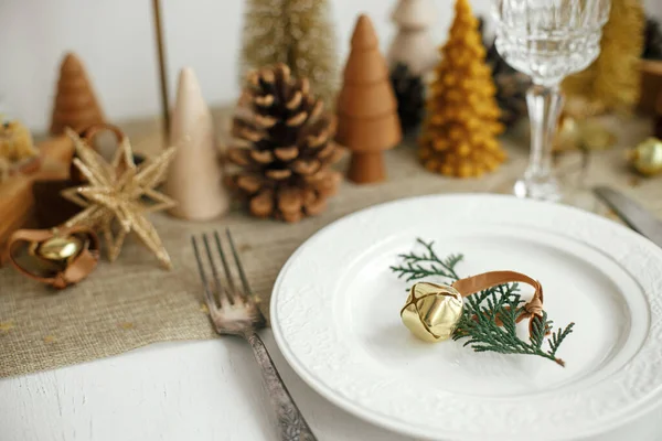Stylish Christmas Table Setting Fir Branch Bell Plate Vintage Cutlery — Stock Photo, Image