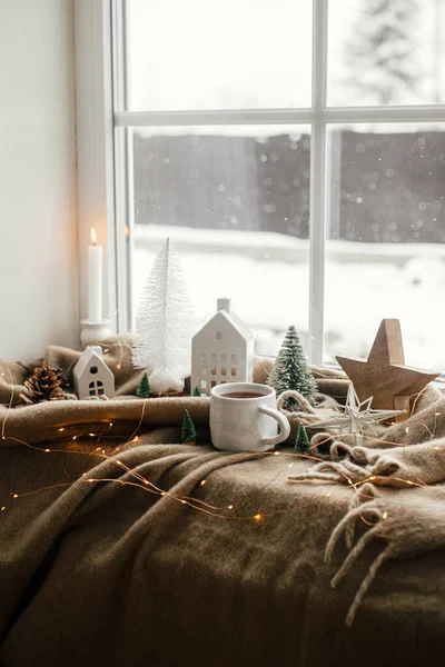 Natal Ainda Vida Inverno Hygge Casa Xícara Quente Chá Decorações — Fotografia de Stock
