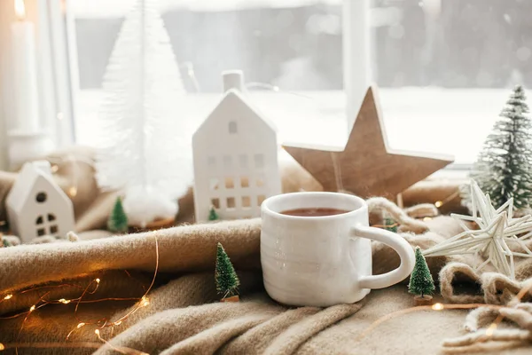 Higge Inverno Natal Ainda Vida Xícara Quente Chá Decorações Natal — Fotografia de Stock