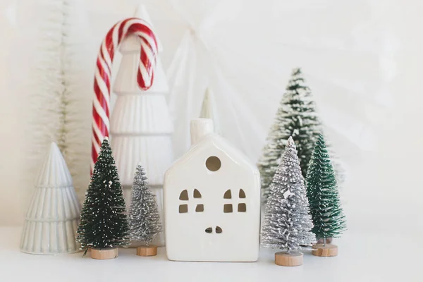 Merry Christmas Happy Holidays Stylish Little Christmas Trees Houses Candy — Stock Photo, Image