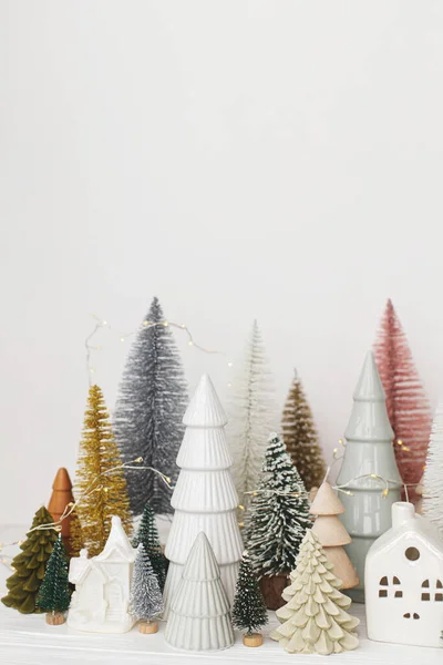 Selamat Natal Gaya Pohon Natal Kecil Dan Rumah Dekorasi Atas — Stok Foto