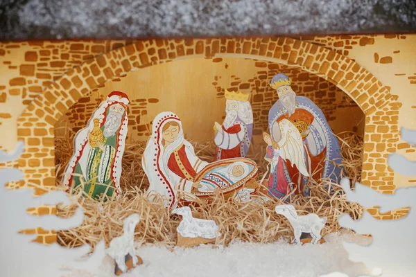 Geboorteplaats Heilige Nacht Scène Met Heilige Beeldjes Baby Jezus Creche — Stockfoto