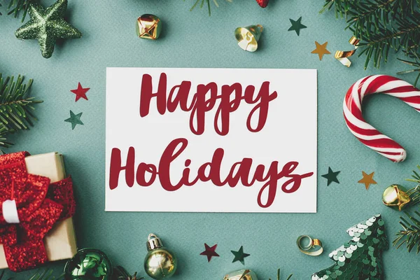 Happy Holidays Text Sign Christmas Card Stylish Christmas Decorations Ornaments — Stock Photo, Image