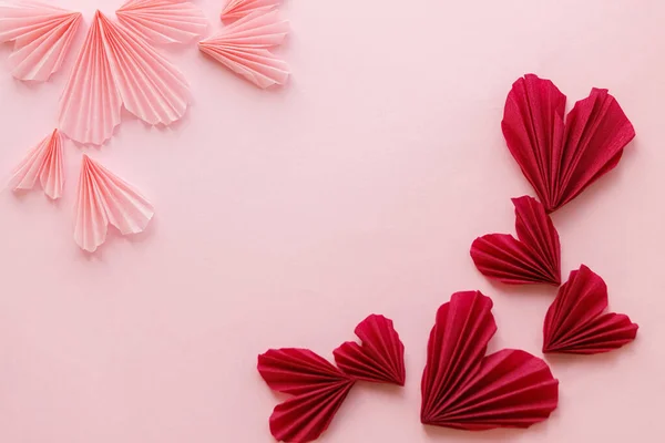 Stylish Cute Pink Red Hearts Flat Lay Pink Paper Background — Stockfoto