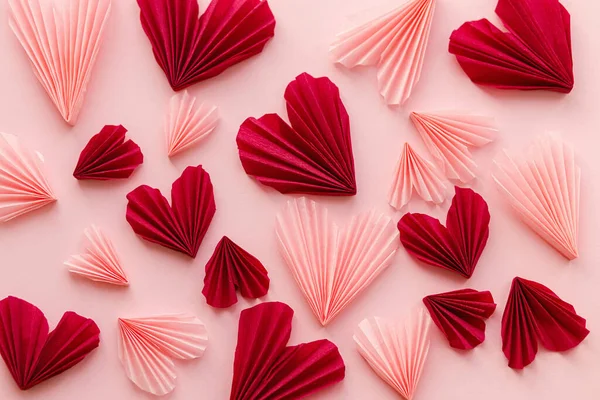 Happy Valentine Day Stylish Pink Red Hearts Flat Lay Pink — Stockfoto