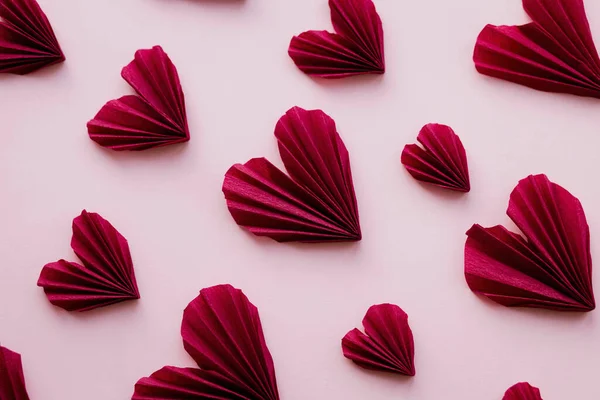 День Святого Валентина Плоский Лежав Стильна Композиція Рожевих Сердець Фоні — стокове фото