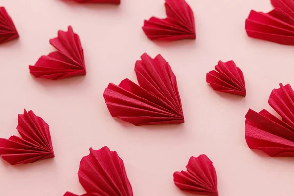 Happy Valentine Day Stylish Red Hearts Composition Pink Paper Background — Photo