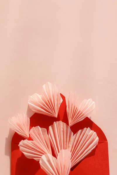 Happy Valentine Day Stylish Red Envelope Pink Hearts Flat Lay — Photo