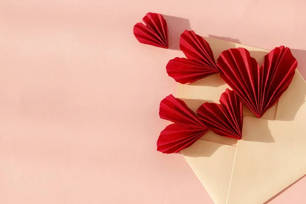 Happy Valentine Day Stylish Envelope Red Hearts Flat Lay Pink — Photo