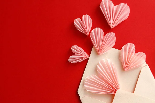 Happy Valentine Day Stylish Envelope Pink Hearts Flat Lay Red — Photo