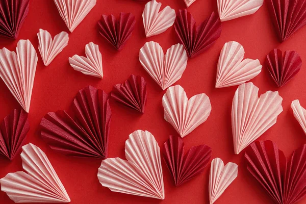 Happy Valentine Day Stylish Pink Hearts Red Paper Background Flat — Stok fotoğraf