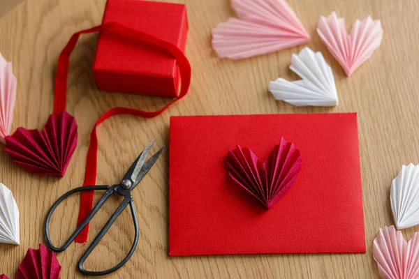 Happy Valentine Day Stylish Envelope Red Heart Scissors Gift Box — Stockfoto