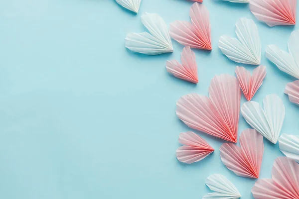 Happy Valentine Day Stylish Pink Hearts Blue Paper Background Flat — Stockfoto