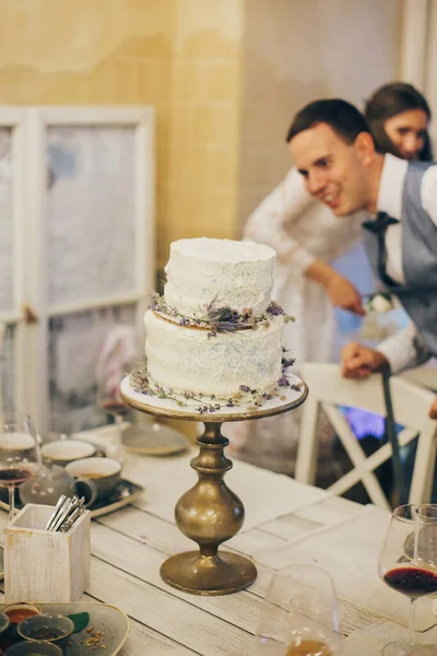 Stylish Happy Bride Groom Looking Modern Cake Lavender Background Festive — Stockfoto
