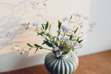 Beautiful little blue flowers in vase in warm evening sunlight on rustic wooden table. Delicate myosotis petals, forget me not spring flowers. Simple countryside living, home decor