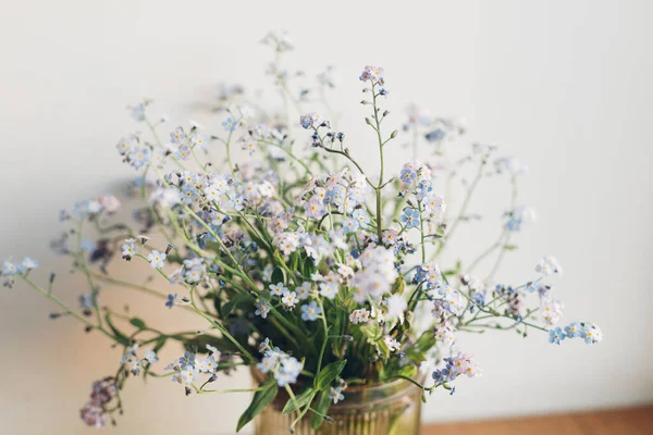 Beautiful little blue flowers in vase in warm sunlight against white wal. Delicate myosotis petals, forget me not spring flowers. Atmospheric evening moment. Simple countryside living