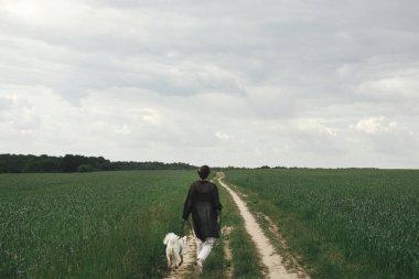 Woman walking with cute white dog in wheat field. Stylish young female hiking and running with funny dog in summer countryside. Pet and travel. Danish spitz
