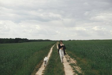 Woman walking with cute white dog in wheat field. Stylish young female hiking and running with funny dog in summer countryside. Pet and travel. Danish spitz