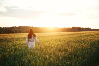 Woman walking in wheat field in warm sunset light. Stylish young female in rustic dress holding wildflowers in hands and relaxing in evening summer countryside. Tranquil atmospheric moment