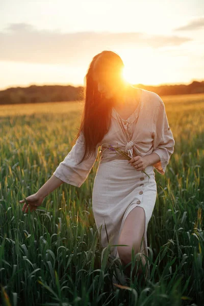 Woman Walking Wheat Field Warm Sunset Light Stylish Young Female - Stock-foto