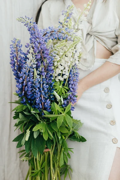 Young Female Linen Dress Posing Lupine Flowers Gathering Arranging Summer — Stockfoto