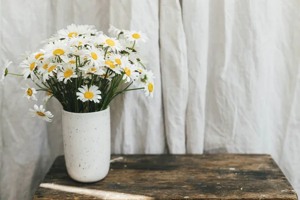 Beautiful Daisy Flowers Wooden Rural Chair Rustic Room Summer Vibes — Stock Photo, Image