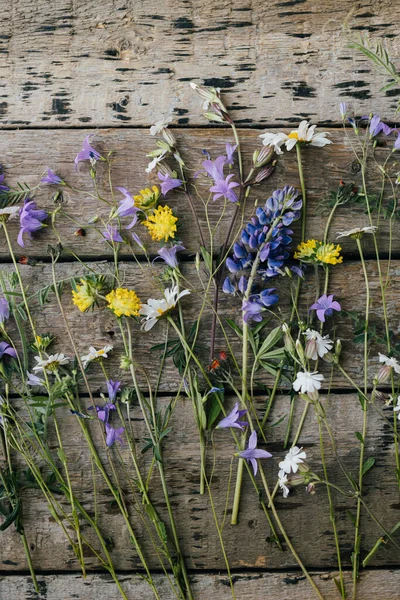 Beautiful Summer Wildflowers Flat Lay Rustic Wooden Background Gathering Arranging — Zdjęcie stockowe