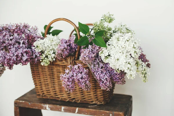 Prachtige Lila Bloemen Rieten Mandje Houten Stoel Paarse Witte Seringen — Stockfoto