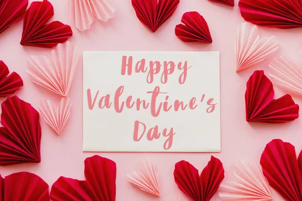 Happy Valentines Day Text Card Stylish Red Pink Hearts Flat — 图库照片