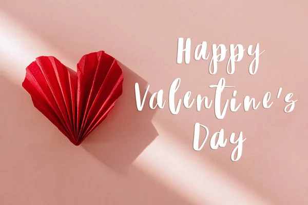 Happy Valentines Day Text Cute Red Heart Sunlight Pink Paper — Stock Photo, Image