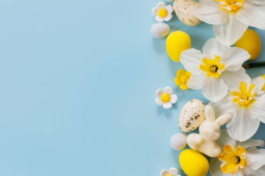 Şık Paskalya yumurtaları, tavşan ve sarı nergis çiçekleri mavi arka planda fotokopi alanı ile yatıyorlardı. Mutlu Paskalyalar! Tebrik kartı şablonu. Modern bayram afişi. Kutlama bileşimi