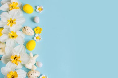 Şık Paskalya yumurtaları, tavşan ve sarı nergis çiçekleri mavi arka planda fotokopi alanı ile yatıyorlardı. Mutlu Paskalyalar! Tebrik kartı şablonu. Modern bayram afişi. Kutlama bileşimi