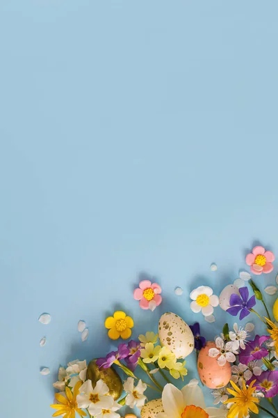 复活节快乐 复活节彩蛋 五彩缤纷的花朵和盛开的樱桃花瓣平铺在蓝色的背景上 时尚的节日模板 带有文字空间 贺卡或横幅 — 图库照片
