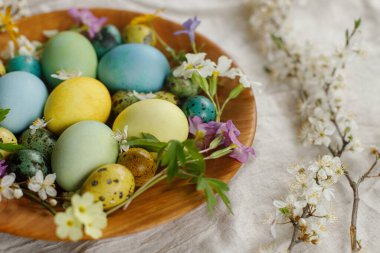 Stylish easter eggs and blooming spring flowers in wooden bowl on linen fabric. Happy Easter! Rustic easter still life. Natural painted eggs and blossoms on rural table
