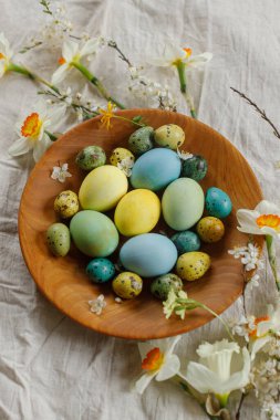Happy Easter!  Stylish easter eggs and blooming spring flowers in wooden bowl on rustic table. Natural painted eggs and blossoms on linen fabric. Rustic easter still life