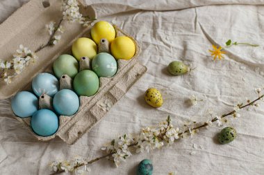 Happy Easter! Rustic easter still life. Natural painted eggs in paper tray and blooming cherry branch on linen fabric. Stylish easter eggs and spring blossoms on rustic table.