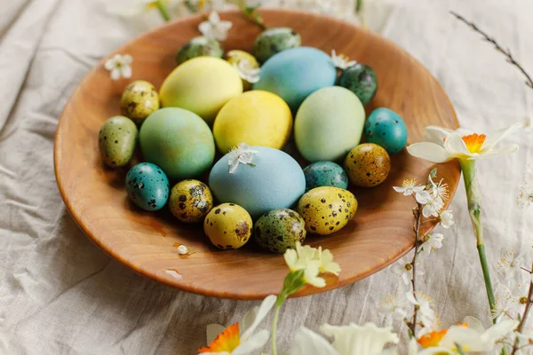 Happy Easter!  Stylish easter eggs and blooming spring flowers in wooden bowl on rustic table. Natural painted eggs and blossoms on linen fabric. Rustic easter still life