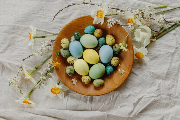 Veselé Velikonoce Rustikální Velikonoční Rovina Ležela Stylová Velikonoční Vajíčka Kvetoucí — Stock fotografie