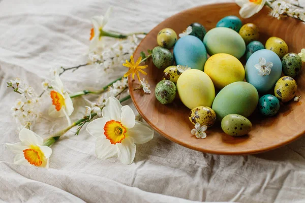 Rustic Easter Still Life Stylish Easter Eggs Blooming Spring Flowers — 图库照片