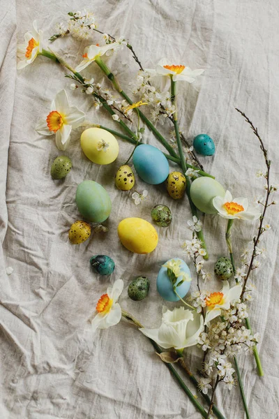 Stylish Easter Eggs Blooming Spring Flowers Rustic Table Flat Lay — 图库照片