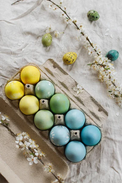 Rustic Easter Flat Lay Stylish Easter Eggs Blooming Cherry Branch — 图库照片
