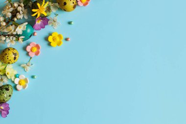 Happy Easter! Easter flat lay with stylish eggs and blooming spring flowers on blue background, space for text. Modern greeting card or banner. Natural painted colorful eggs and blossom