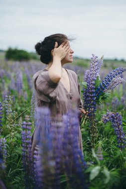 Kırsal elbiseli şık bir kadın otlakta lupin buketi topluyor. Atmosferik bir an. Cottagecore estetiği. Keten elbiseli genç bir kadın yaz kırsalında kır çiçeklerini tutuyor.